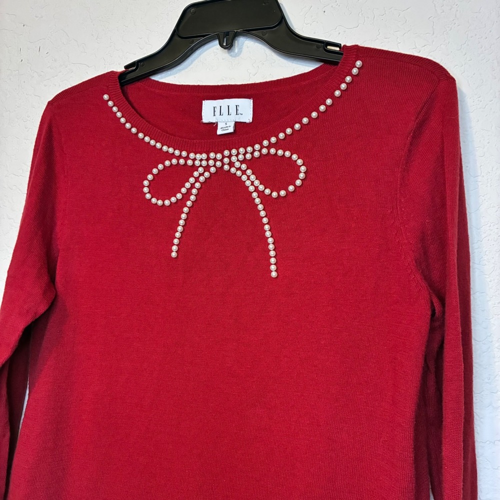 Elle Womens Red Holiday Top Pearl Bow Sweater Small Coquette Crew Knit Party - Picture 7 of 11